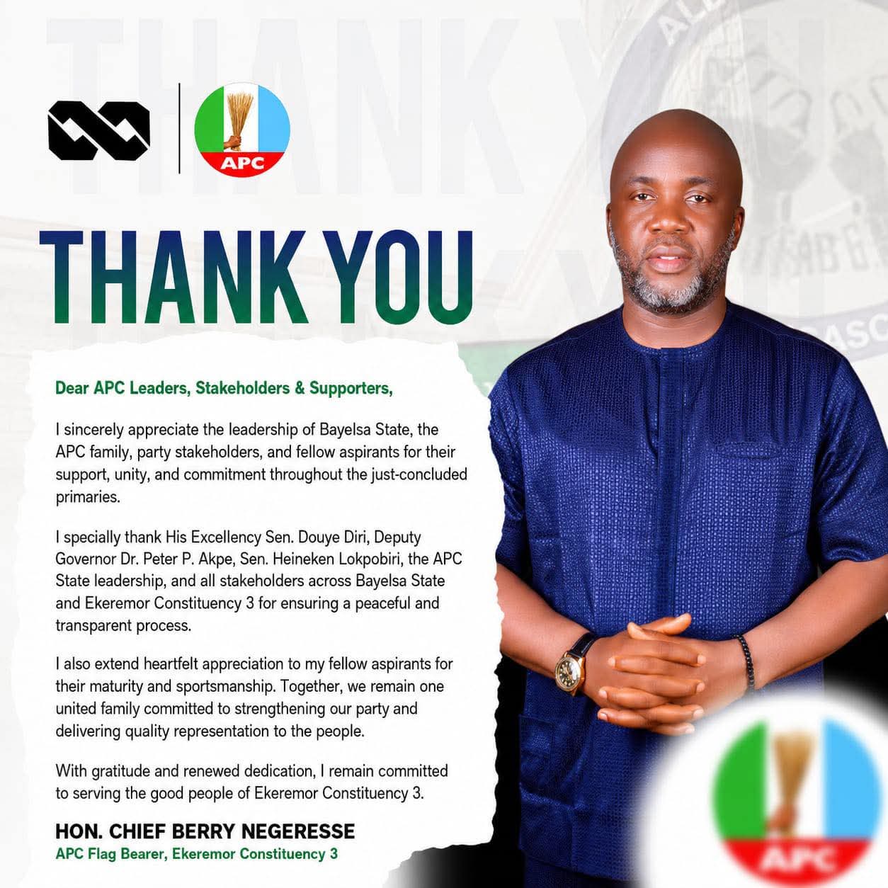 APC Flag Bearer Berry Negerese Appreciates Bayelsa Leadership, Party Stakeholders After Primaries