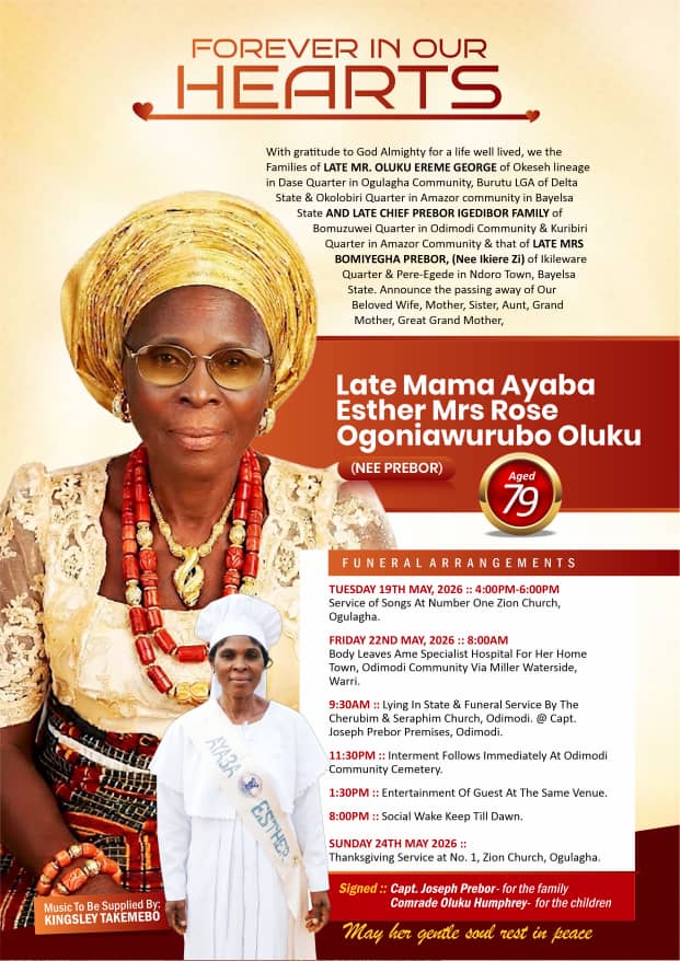 Prominent Ogulagha Leader, Oluku Humphrey to Burry Mother, Esther Oluku, May 22.
