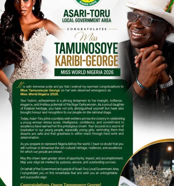 ASARI-TORU LGA CHAIRMAN CELEBRATES MISS WORLD NIGERIA 2026, TAMUNOSOYE KARIBI-GEORGE