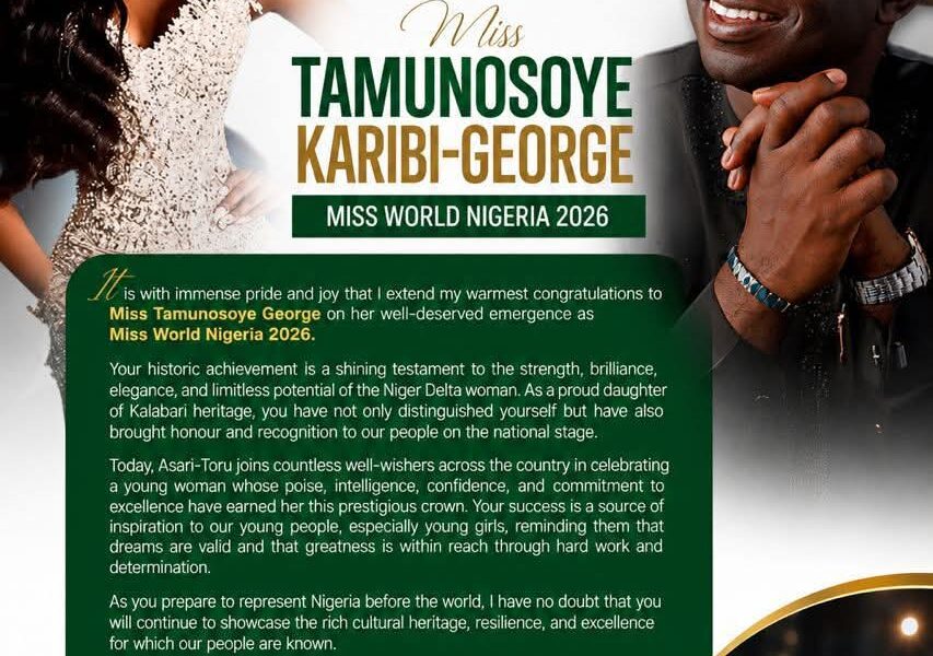 ASARI-TORU LGA CHAIRMAN CELEBRATES MISS WORLD NIGERIA 2026, TAMUNOSOYE KARIBI-GEORGE