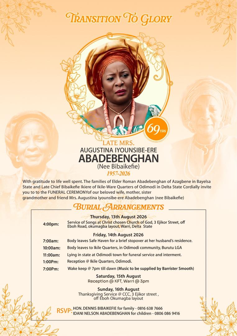 Late Mrs. Augustina Iyounsibe-Ere Abadebenghan for Burial on August 14