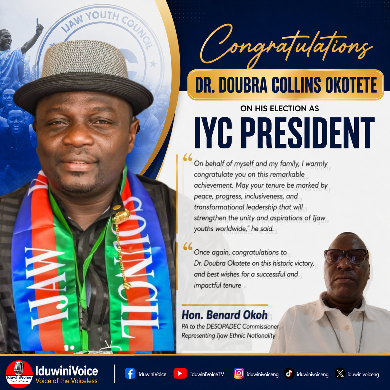 CONGRATULATORY MESSAGE:  Hon. Benard Okoh Felicitates with Dr. Doubra Okotete on His Victory at the IYC General Elections