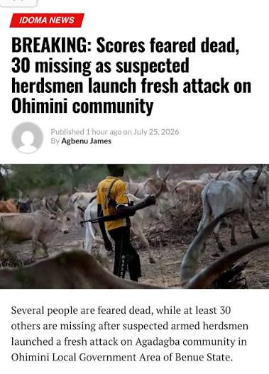 Many Feared Dead, About 30 Missing After Fresh Attack on Benue Community