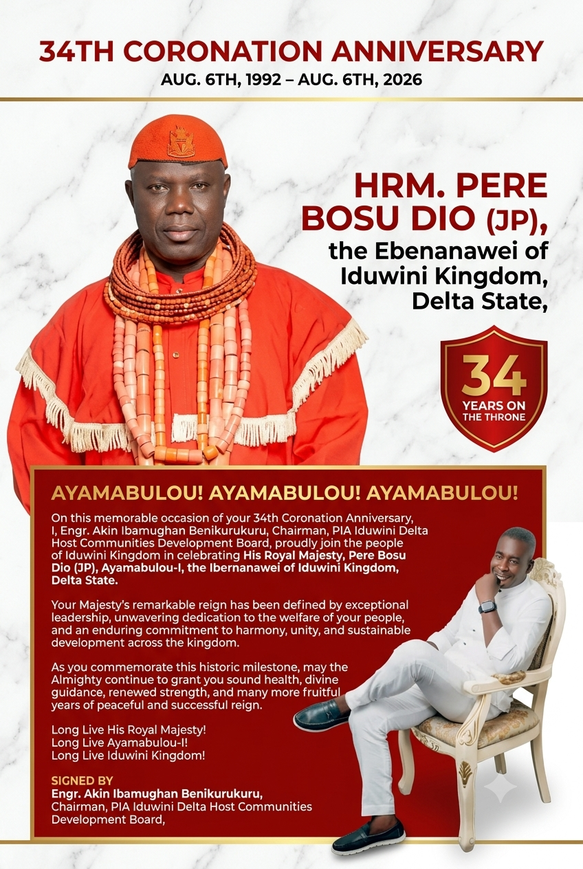 Engr. Benikurukuru, Iduwini Delta PIA Board Chairman Celebrates HRM Bosu Dio at 33rd Coronation Anniversary