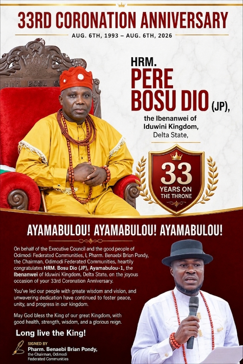 Odimodi Federated Communities Chairman, Pondy Congratulates HRM. Bosu Dio on 33rd Coronation Anniversary