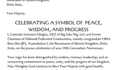 Big Solo Nig. Ltd. CEO Hails HRM Bosu Dio’s Leadership at 34th Coronation Anniversary