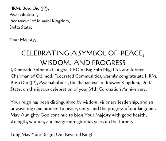 Big Solo Nig. Ltd. CEO Hails HRM Bosu Dio’s Leadership at 34th Coronation Anniversary