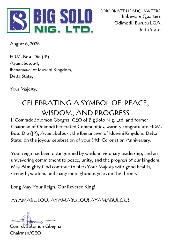 Big Solo Nig. Ltd. CEO Hails HRM Bosu Dio’s Leadership at 34th Coronation Anniversary