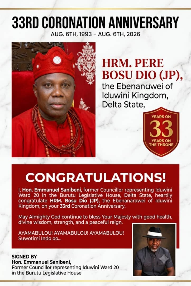 Former Burutu Councillor, Emmanuel Sanibeni, Congratulates HRM Bosu Dio on 34th Coronation Anniversary