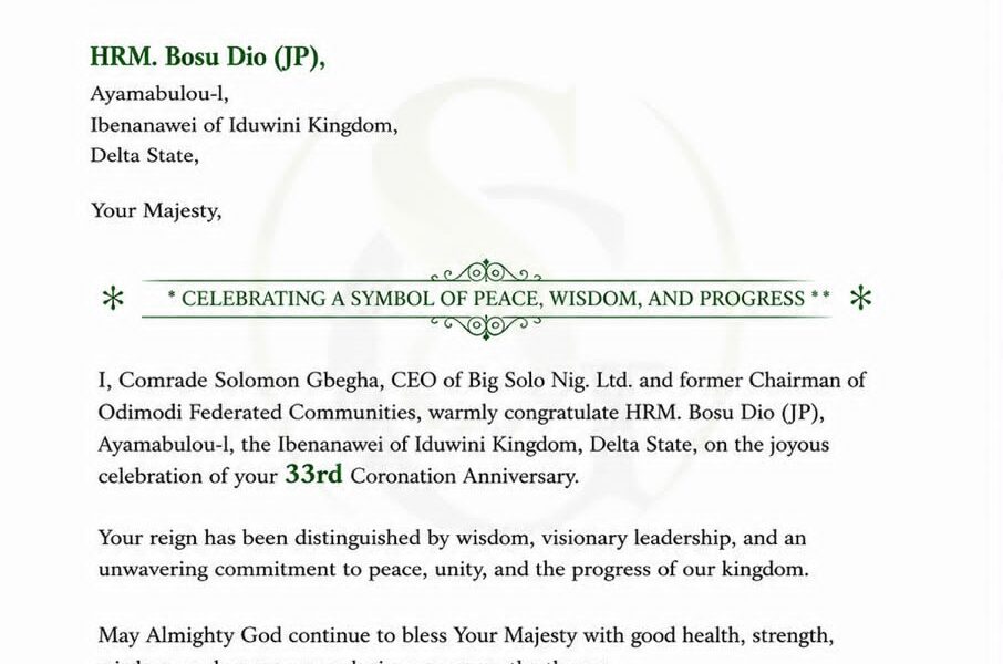 CEO of Big Solo Nig. Ltd. Hails HRM Bosu Dio’s Leadership at 33rd Coronation Anniversary