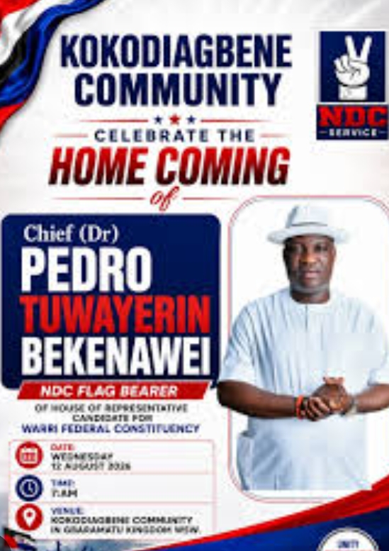 Kokodiagbene Community Set to Host NDC House of Representatives Candidate, Pedro Bekenawei