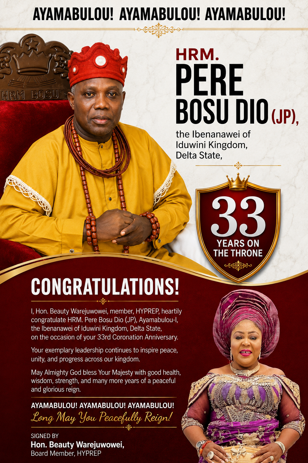 President Tinubu’s Appointee, Hon. Warejuwowei Hails HRM Pere Bosu Dio (JP) on 33rd Coronation Anniversary