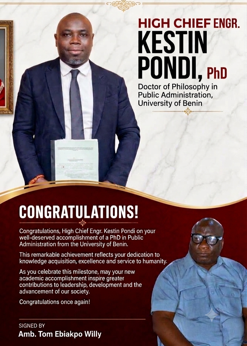 Amb. Tom Willy Congratulates Kestin Pondi on PhD Achievement