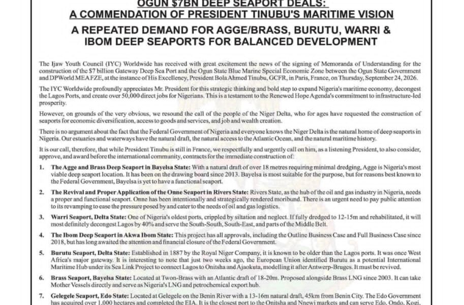 IYC Commends Tinubu on Ogun Seaport Deal, Renews Call for Niger Delta Ports