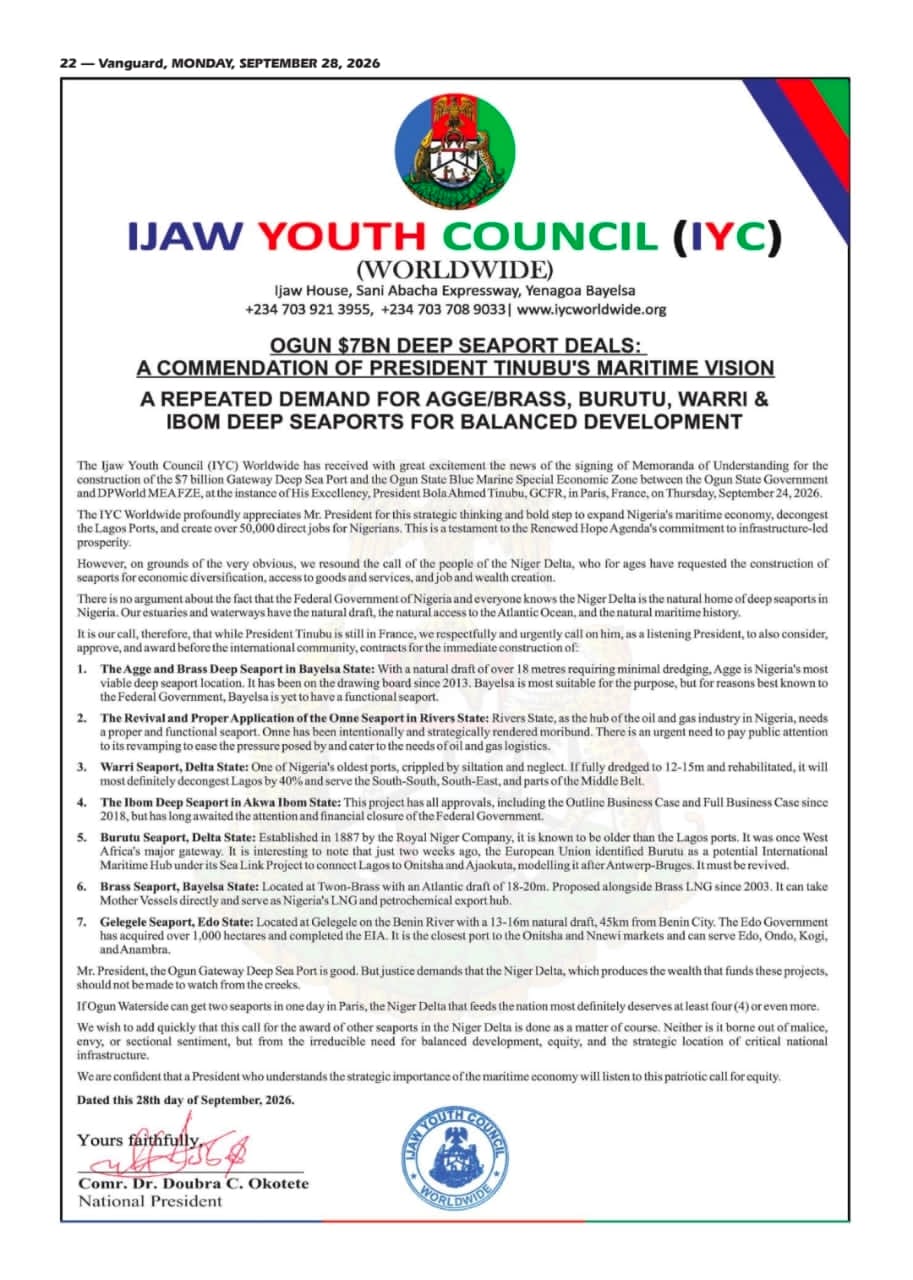 IYC Commends Tinubu on Ogun Seaport Deal, Renews Call for Niger Delta Ports