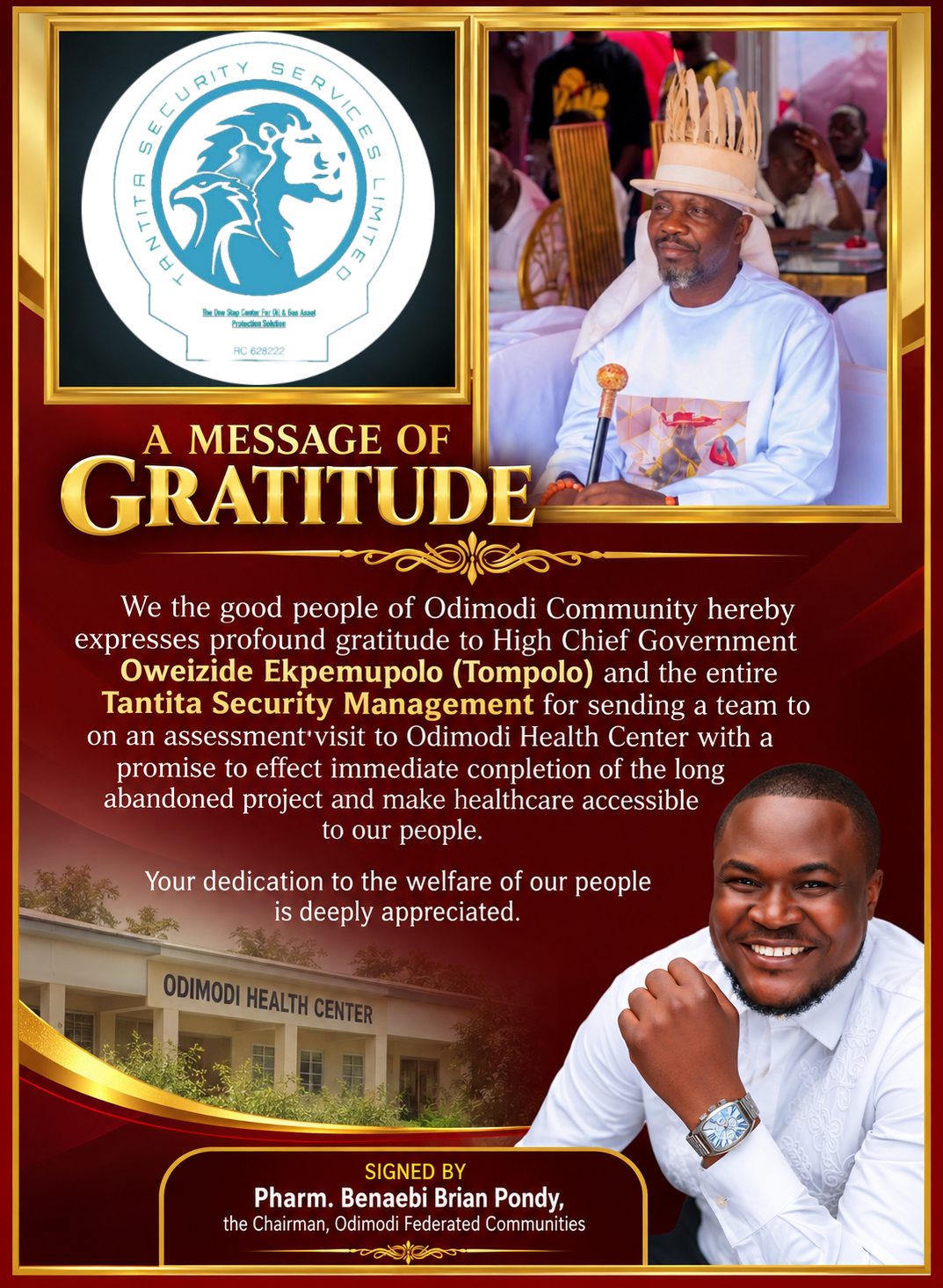 Odimodi Community Hails Tompolo, Tantita Over Moves to Complete on the DESOPADEC Abandoned Health Centre