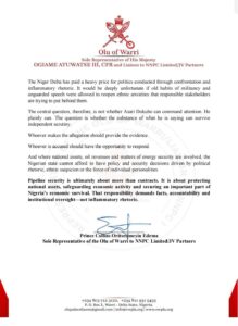 ₦2.7 TRILLION PIPELINE SURVEILLANCE ALLEGATION: OLU OF WARRI REJECTS ASARI DOKUBO’S CLAIM, DEMANDS DOCUMENTARY EVIDENCE
